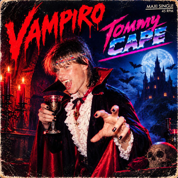 Vampiro single cover: Tommy Cape as a vampire in a red-lined cape and ruffled shirt, fangs out, raising a goblet beside candles and a skull, a moonlit castle and bats behind him.